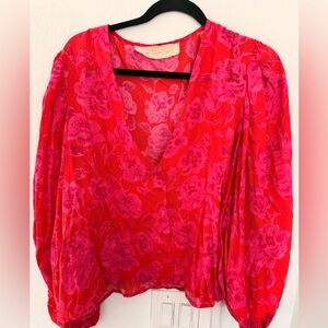 Jen's Pirate Booty Hot Pink Floral V-Neck Blouse